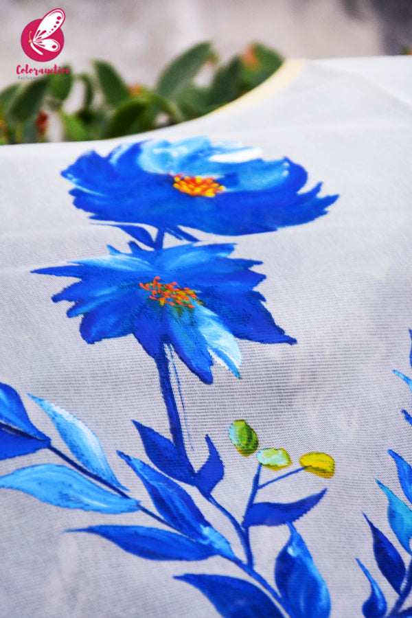 Off White Blue Roses Pure Organza Floral Handpainted Stole