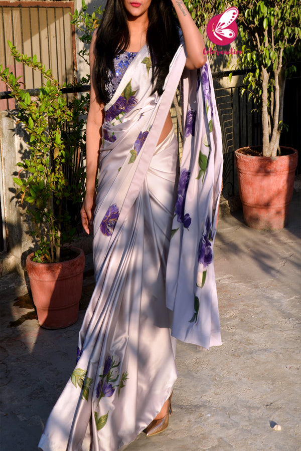 Pastel Grey Purple Golden Handpainted Pure Satin Dupion Taping Saree