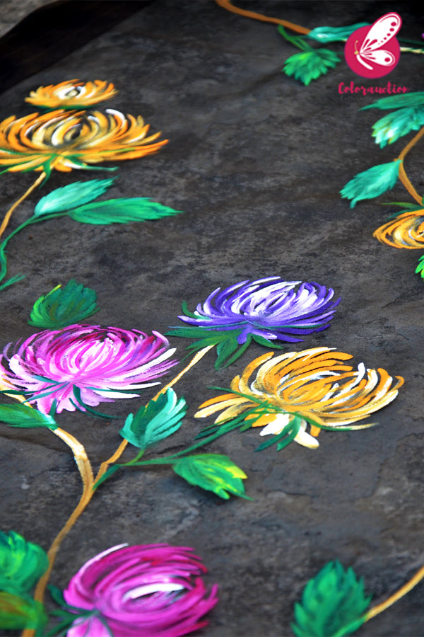 Black Pure Organza Multicoloured Floral Handpainted Stole