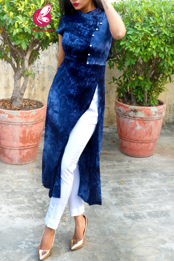 Blue Tie &amp; Dye Rayon Kurti with White Cotton Silk Pants