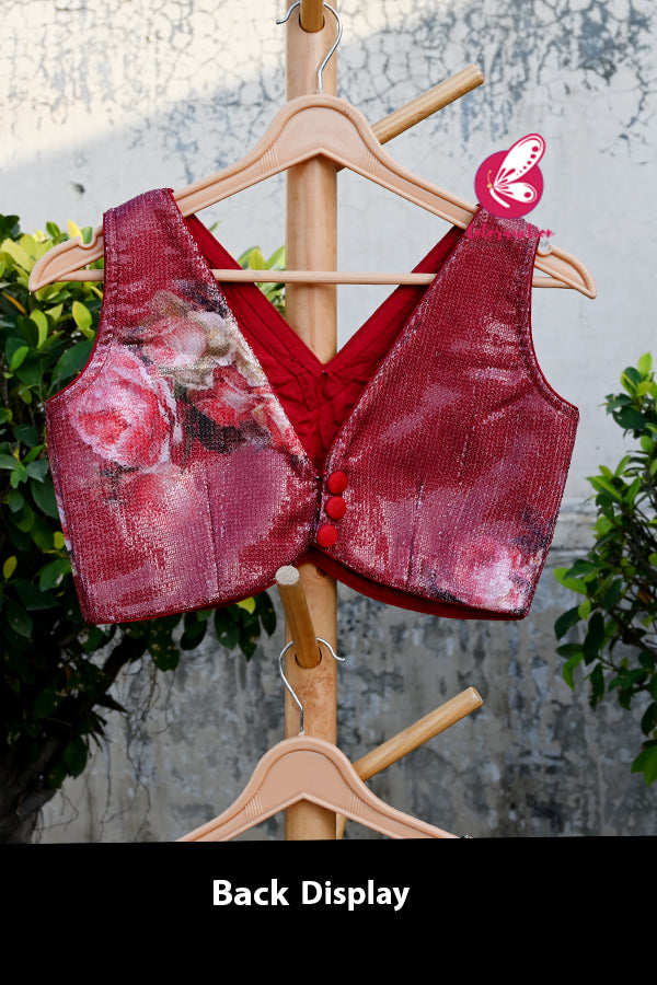 Carrot Red Floral Padded Sequins Blouse