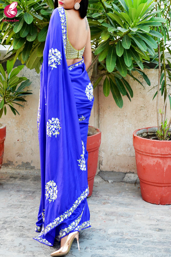 Ink Blue Sequins Handwork Pure Silk Saree