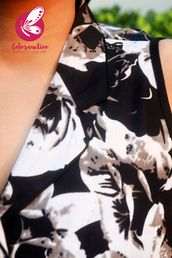 Black and White Printed Crepe Floral Sleeveless Kurti