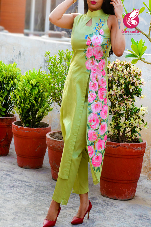 Pista Green Cotton Silk Handpainted Kurti with Pista Green Cotton Silk Pants