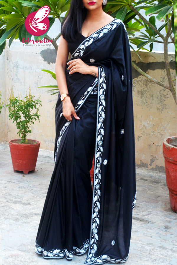 Black Pure Silk Silver Dabka Zardosi Pearl Handwork Saree