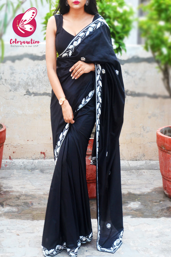 Black Pure Silk Silver Dabka Zardosi Pearl Handwork Saree