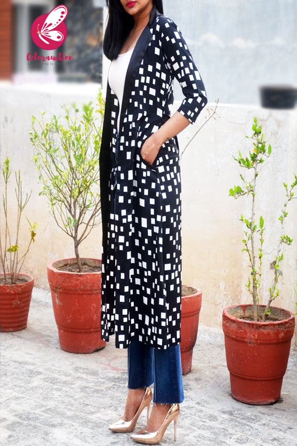 Black Printed Crepe Geometric Long Shrug