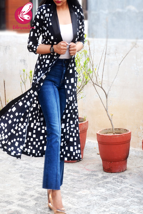 Black Printed Crepe Geometric Long Shrug