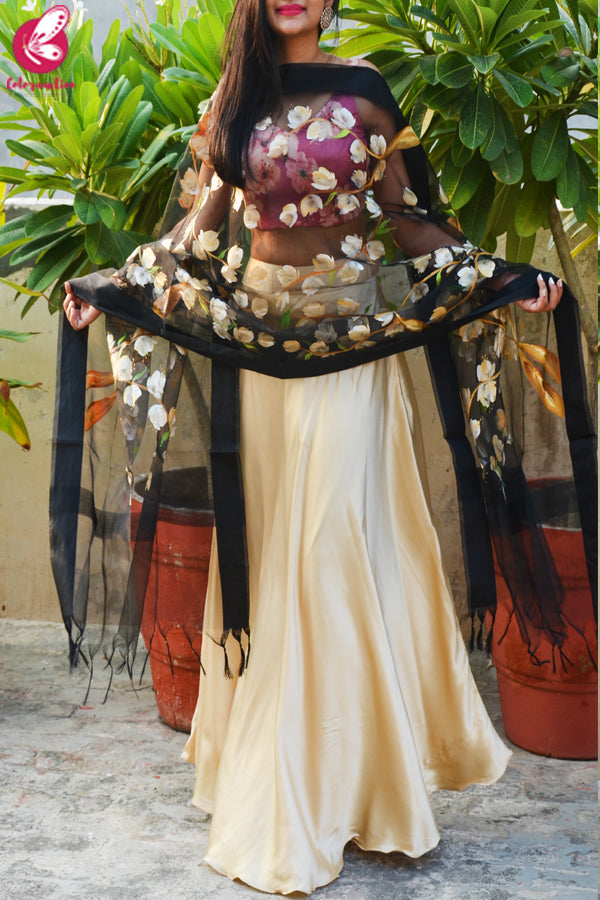 Pink &amp; Golden Satin Lehenga With Black Hand Painted Organza Stole