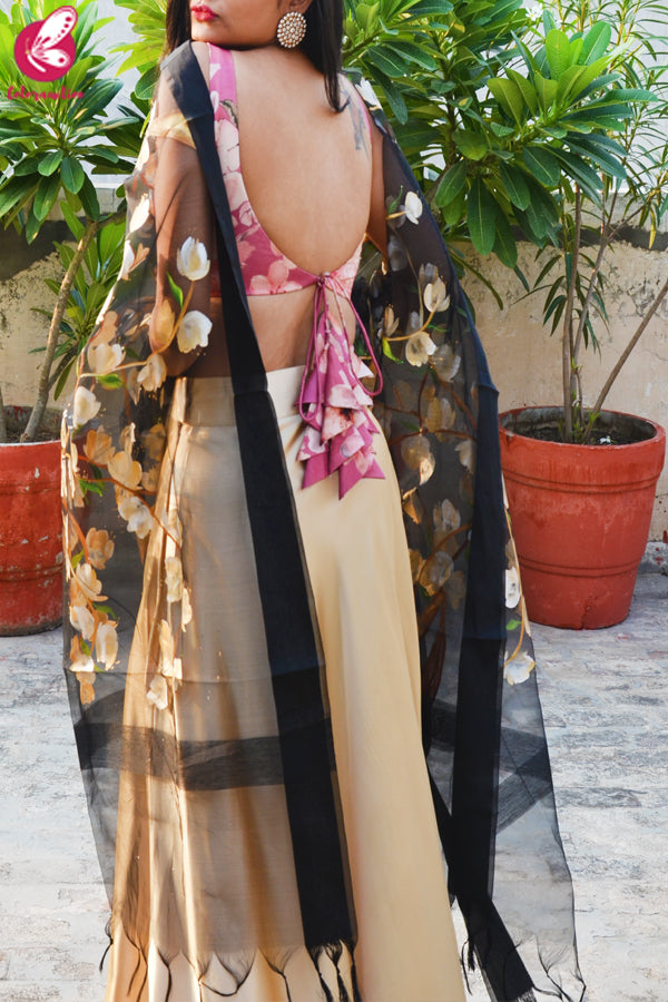 Pink &amp; Golden Satin Lehenga With Black Hand Painted Organza Stole