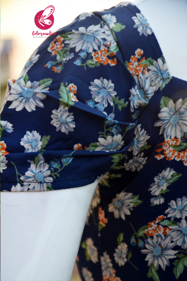 Navy Blue Printed Floral Kurti With White Cotton Silk Pants