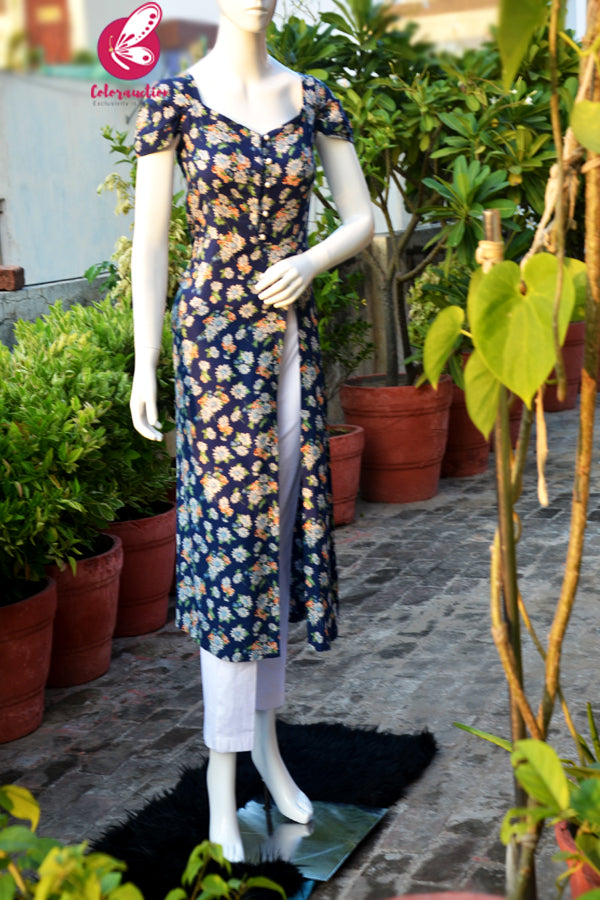Navy Blue Printed Floral Kurti With White Cotton Silk Pants
