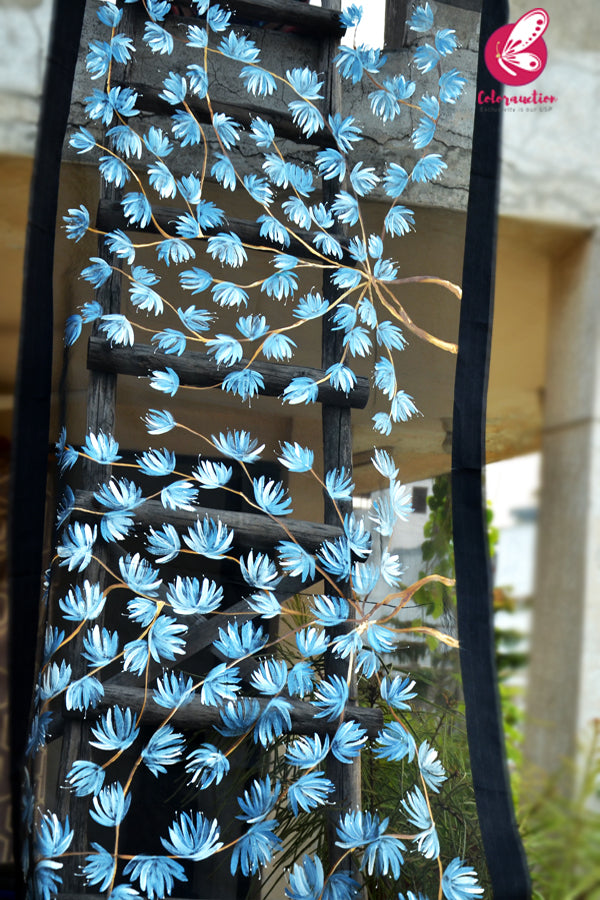 Black Pure Organza Handpainted Floral Blue Stole