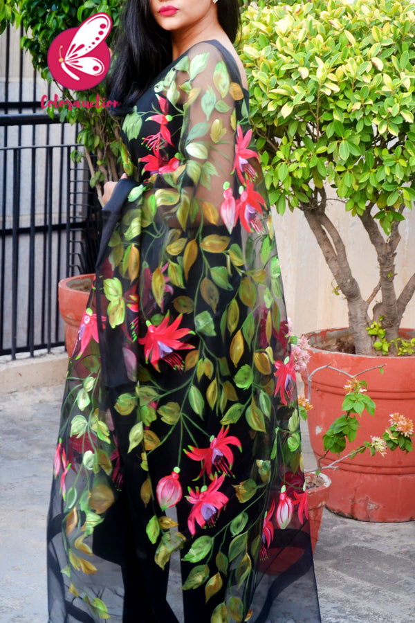 Black Organza Multicoloured Floral Hand painted Stole
