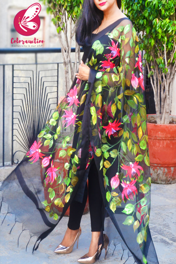 Black Organza Multicoloured Floral Hand painted Stole