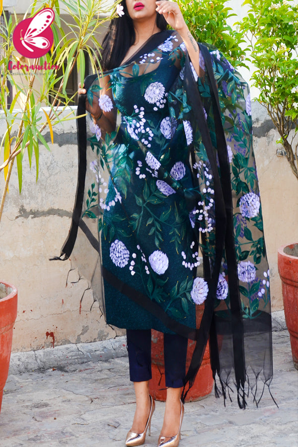 Black Organza Lilac Peonies Hand painted Stole