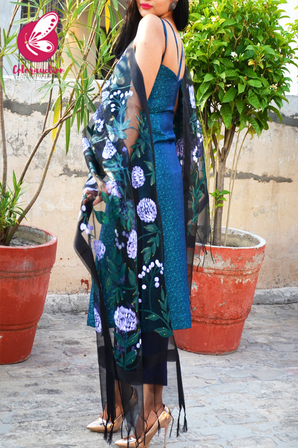 Black Organza Lilac Peonies Hand painted Stole