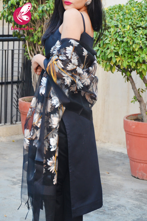Black Organza Hand-painted Light Peach Stole