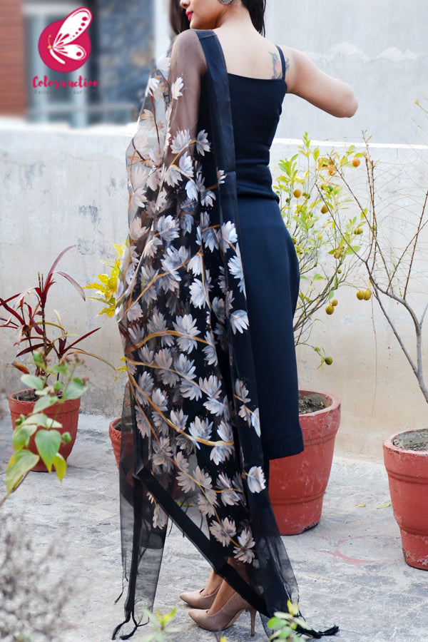 Black Organza Hand-painted Light Peach Stole