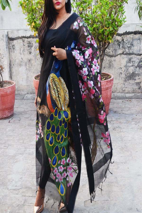 Black Organza Handpainted Peacock Colourful Floral Statement Stole