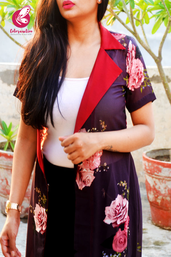 Grey Printed Georgette Ruby Red Satin Collar Long Shrug