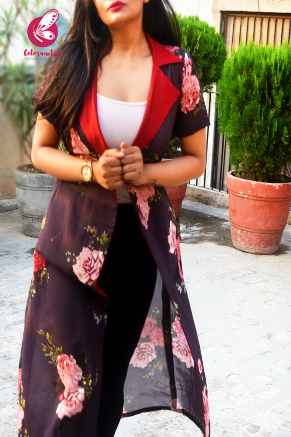 Grey Printed Georgette Ruby Red Satin Collar Long Shrug