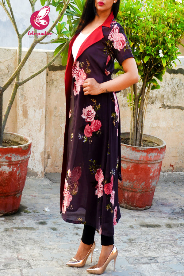 Grey Printed Georgette Ruby Red Satin Collar Long Shrug