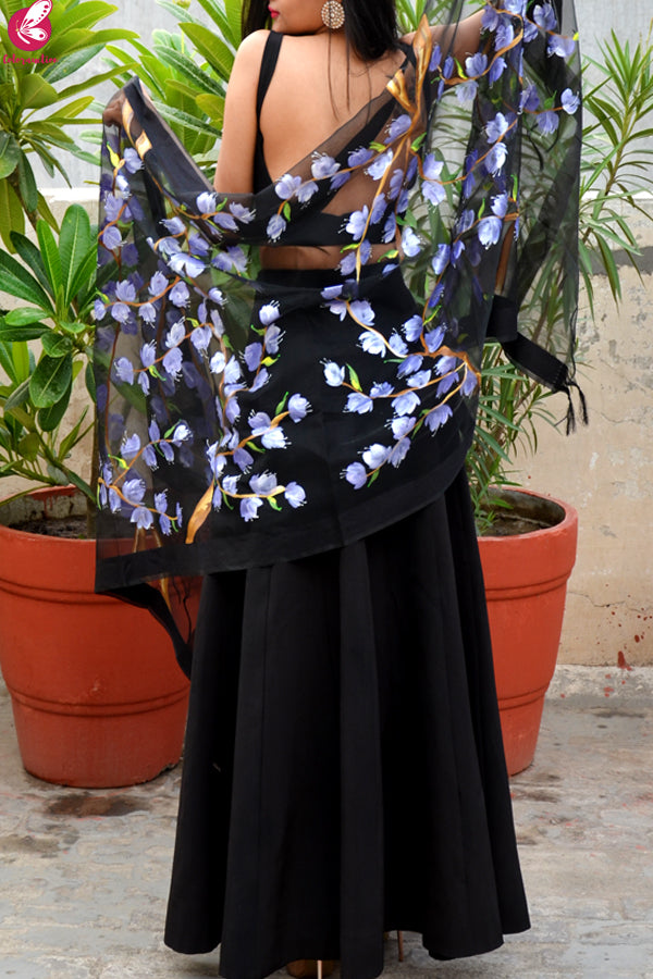 Black Organza Lilac Hand painted Floral Stole