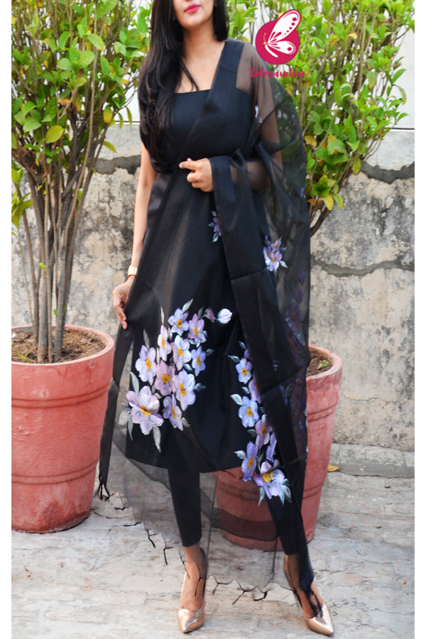 Black Lilac Floral Pure Organza Stole