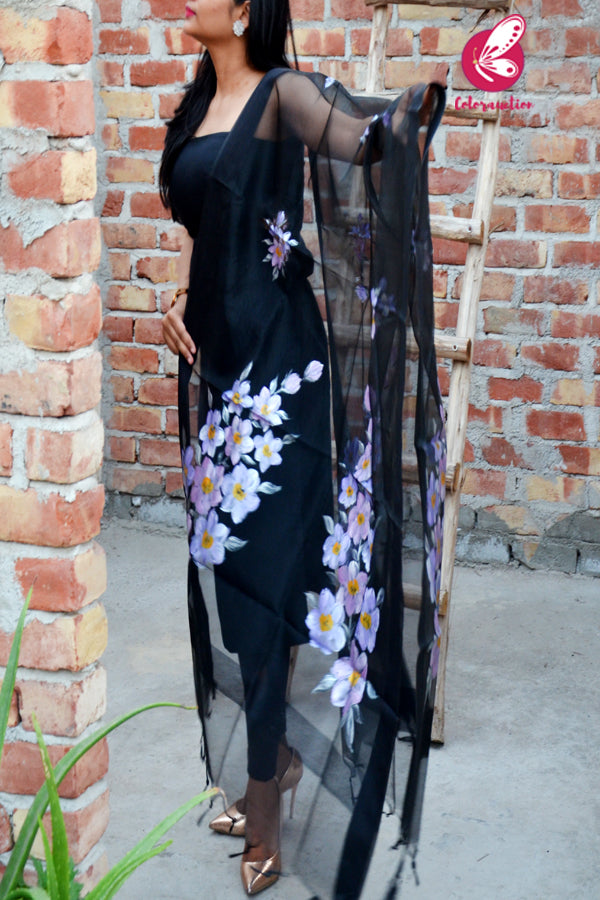 Black Lilac Floral Pure Organza Stole
