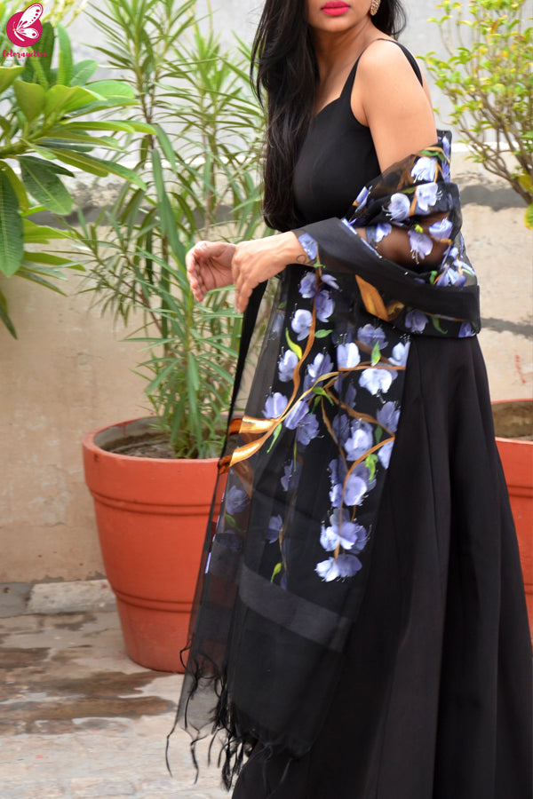 Black Organza Lilac Hand painted Floral Stole