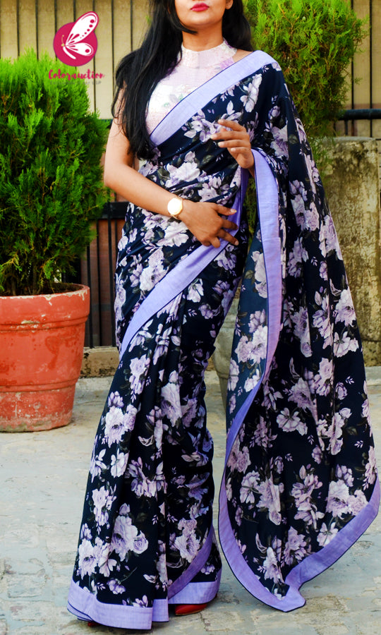 Blue Crepe Lilac Satin Taping Saree