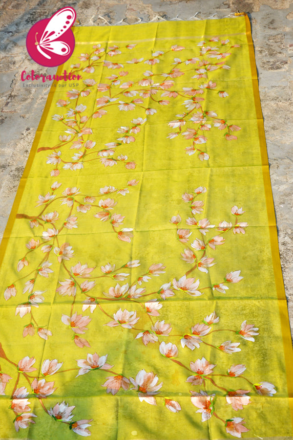 Lime Green Organza Hand-painted Peach Floral Stole