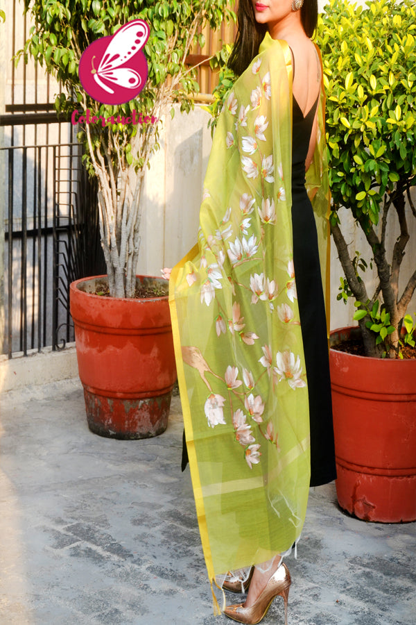 Lime Green Organza Hand-painted Peach Floral Stole