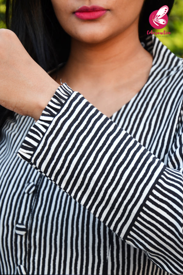 Black &amp; White Rayon Full Sleeves Kurti Set