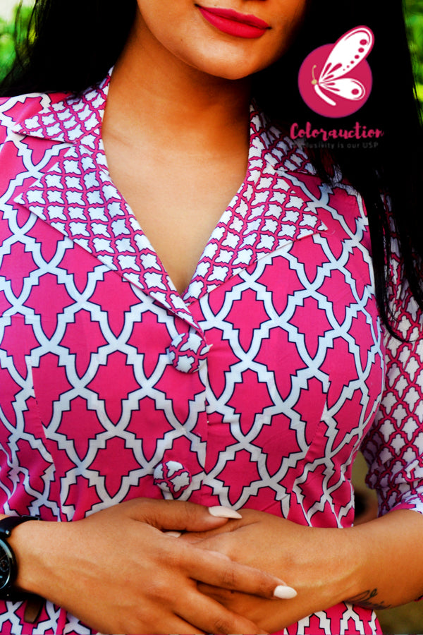 Pink &amp; White Cotton Kurti with White Cotton Silk Pants