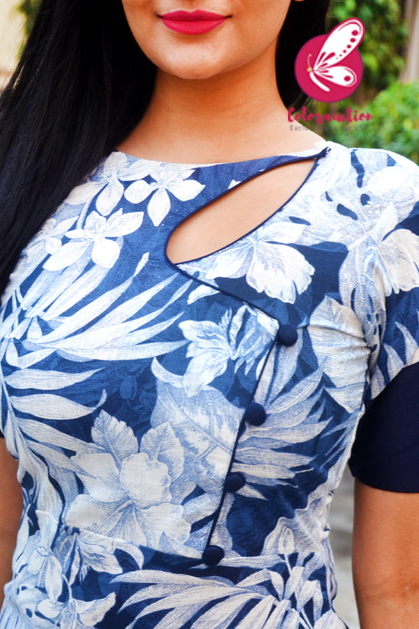 Blue &amp; White Linen Floral Print Kurti with Navy Blue Cotton Silk Pants Kurti Set