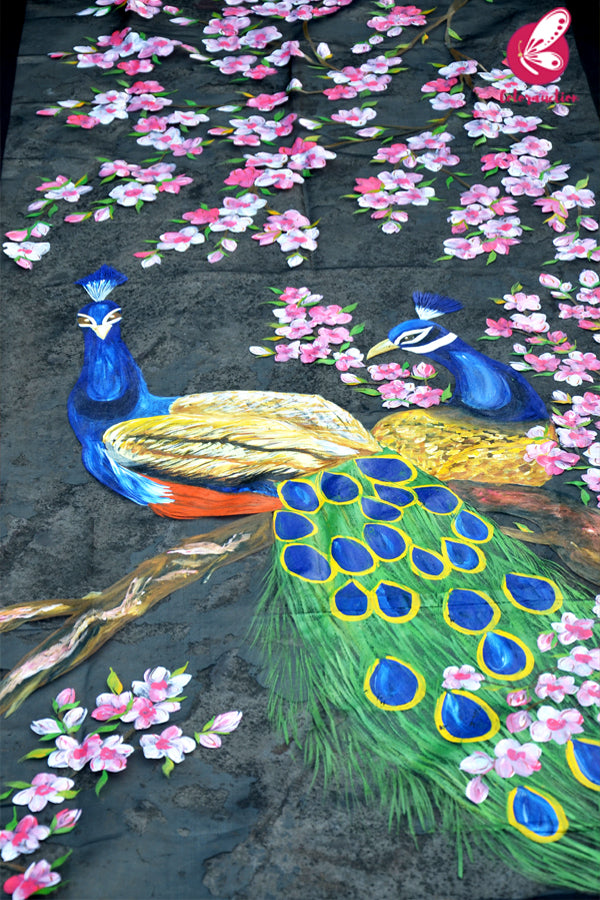 Black Organza Handpainted Peacock Colourful Floral Statement Stole