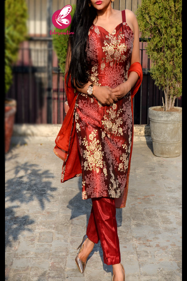 Rust Brocade Kurti With Rust Shantoon Pants and Rust Chinnon Lace Stole