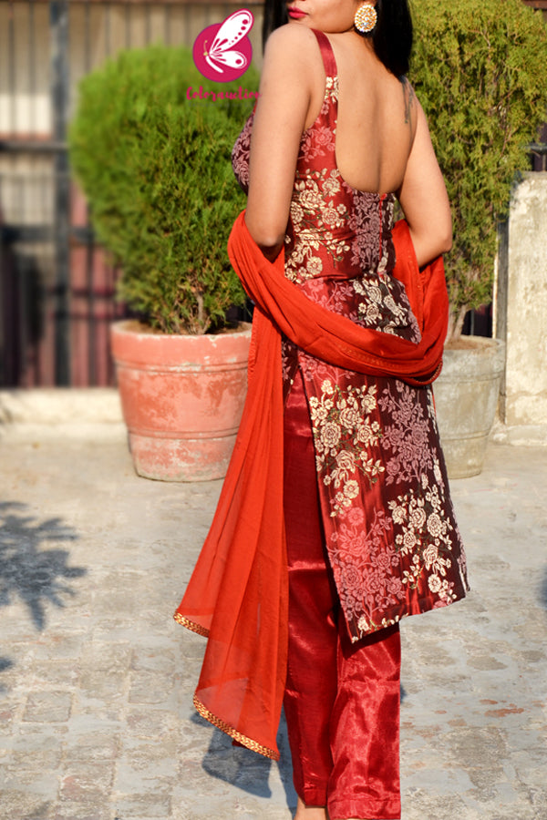 Rust Brocade Kurti With Rust Shantoon Pants and Rust Chinnon Lace Stole