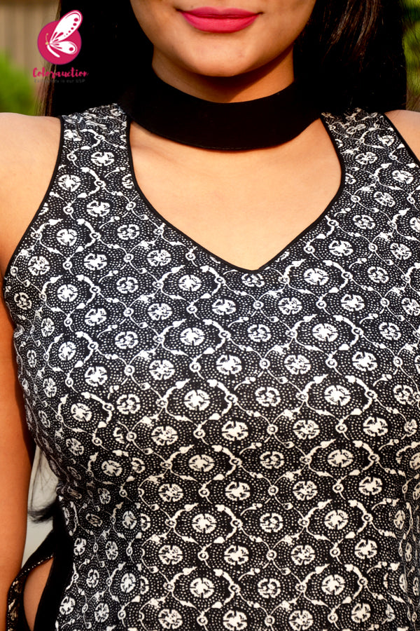 Black &amp; White Printed Rayon High Slit Kurti