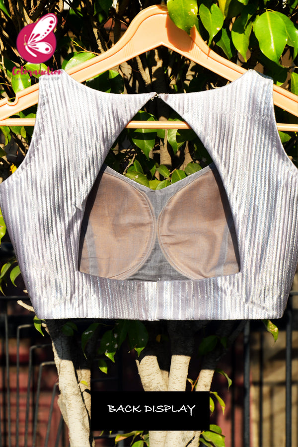 Grey-Silver Metallic Crepe Back Keyhole Padded Blouse