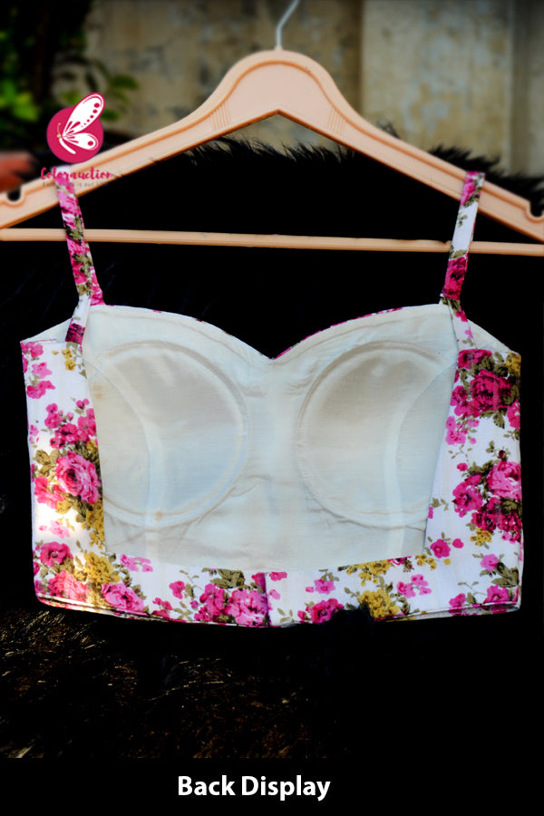 White Multicoloured Floral Strappy Tussar Cotton Backless Blouse