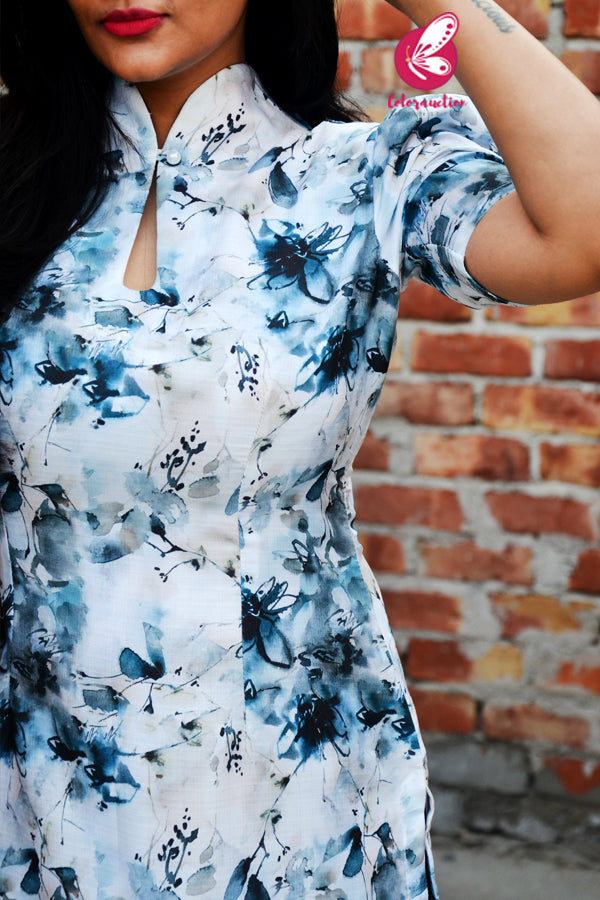 Blue &amp; White CottonLinen Slub Puff Sleeves Kurti