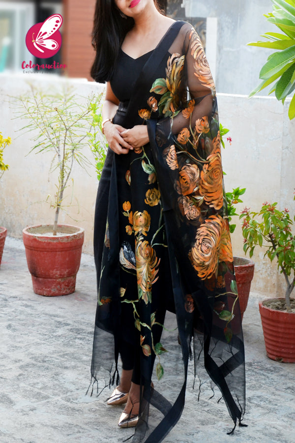Black Organza Orange Dahlia Hand painted Stole
