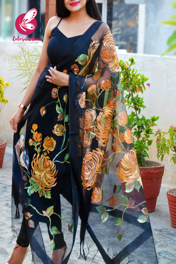 Black Organza Orange Dahlia Hand painted Stole