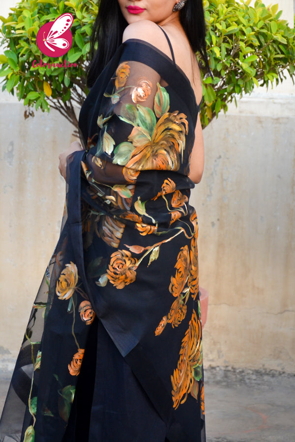 Black Organza Orange Dahlia Hand painted Stole