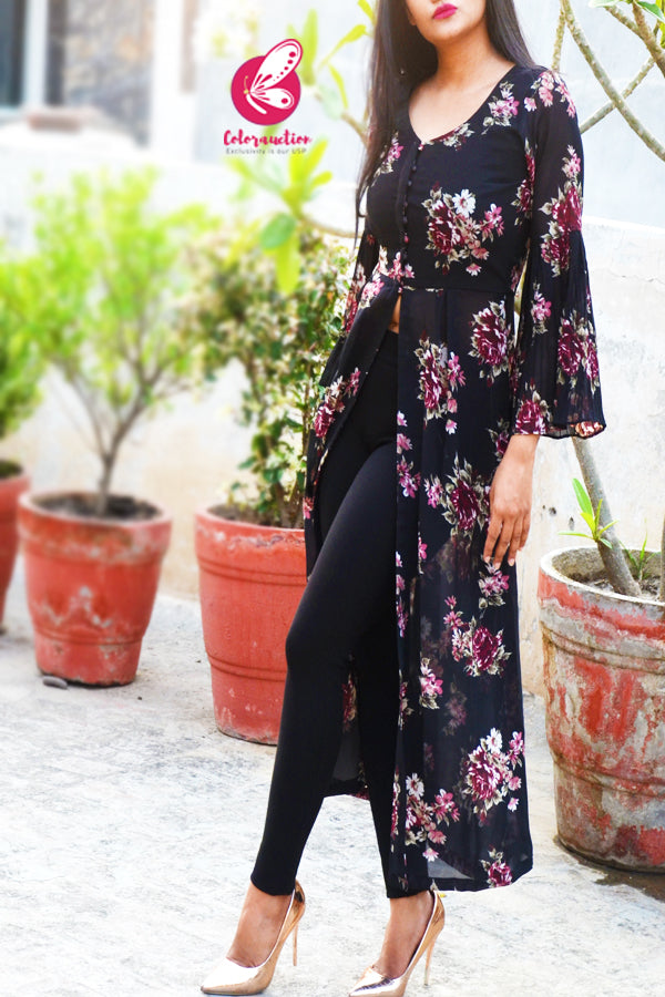 Black Printed Georgette Floral Long Kurti