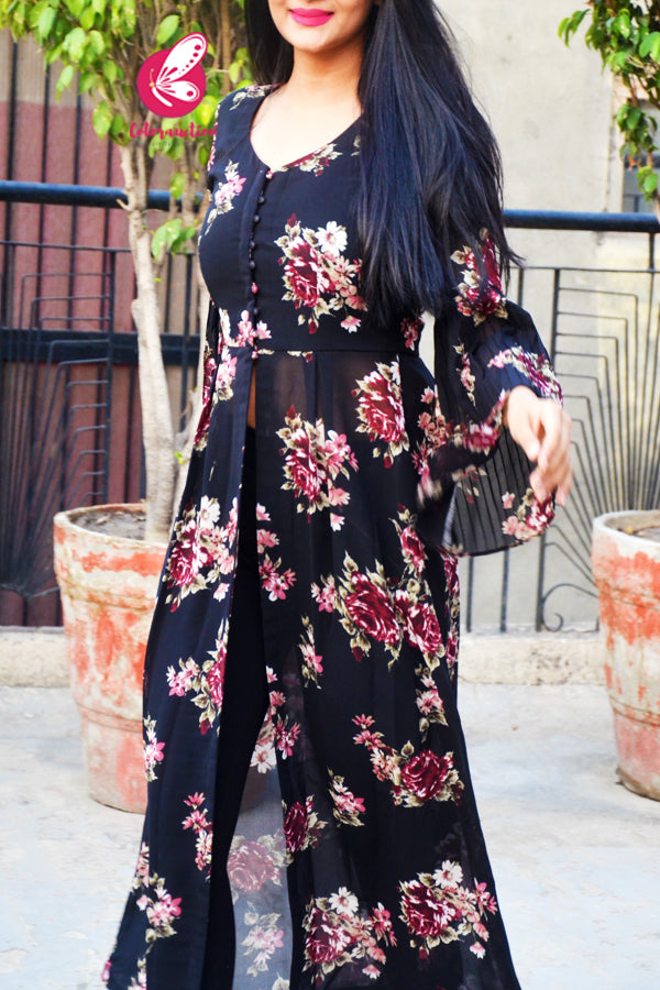 Black Printed Georgette Floral Long Kurti