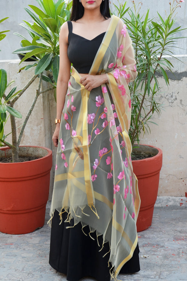 Cream Organza Hand painted Floral Stole